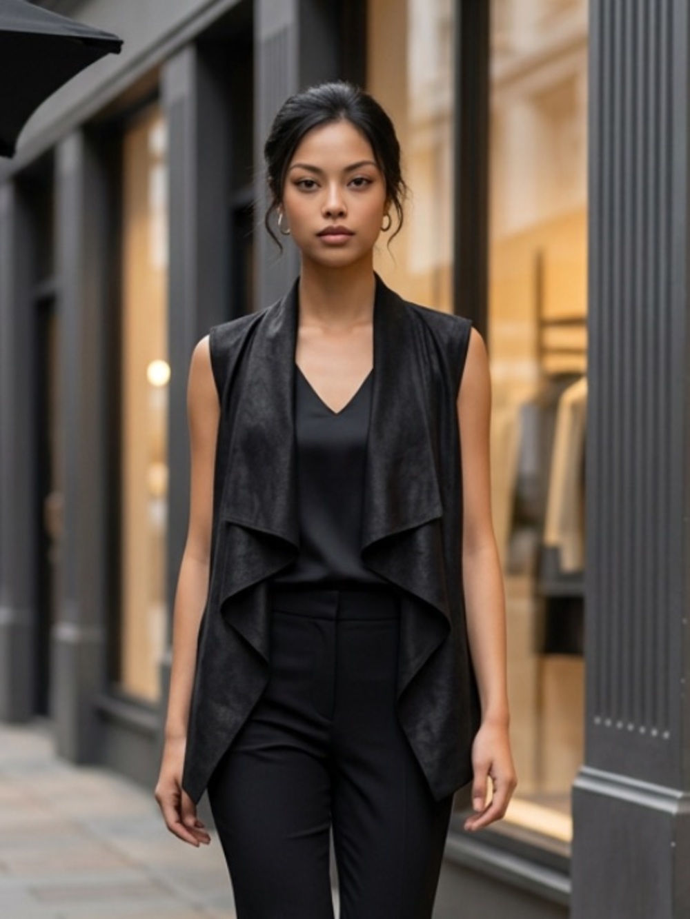 Zara Distressed Black Faux Leather Draped Open Moto Cardigan Sleeveless Vest S
